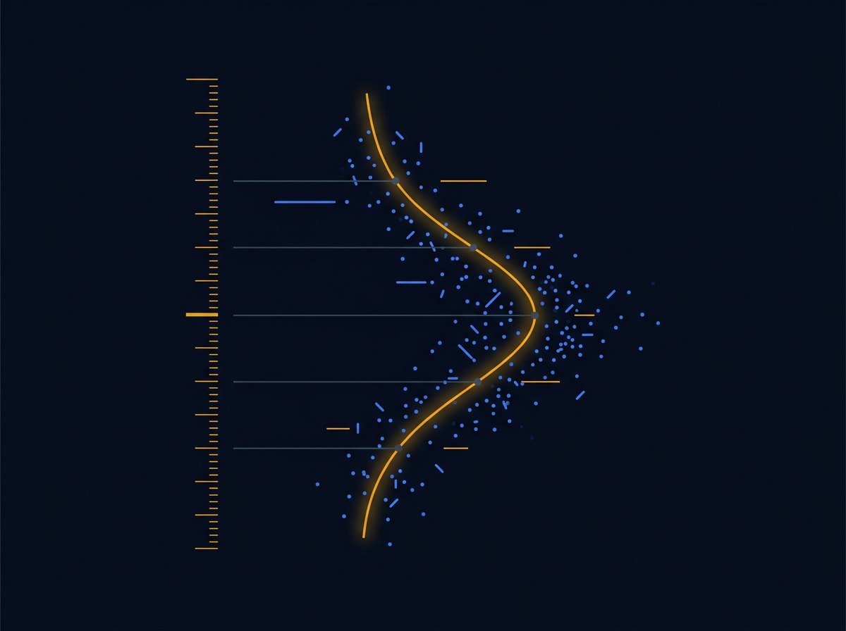 A distribution of plotted points with a fitted curve held against a precise vertical tick scale