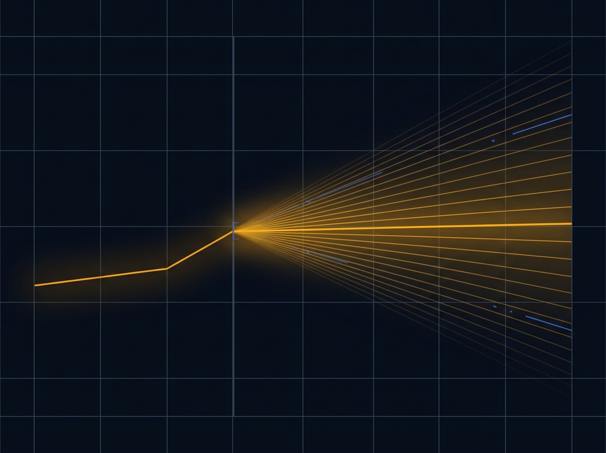A solid line of known history opening into a widening cone of finer projected paths