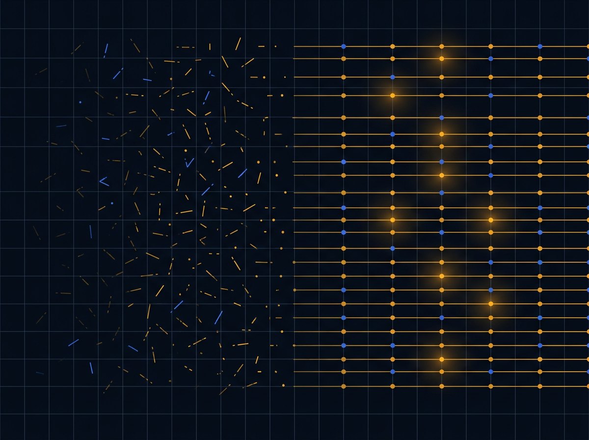 Scattered disconnected marks on the left resolving into continuous threaded lines with bright intersection nodes on the right